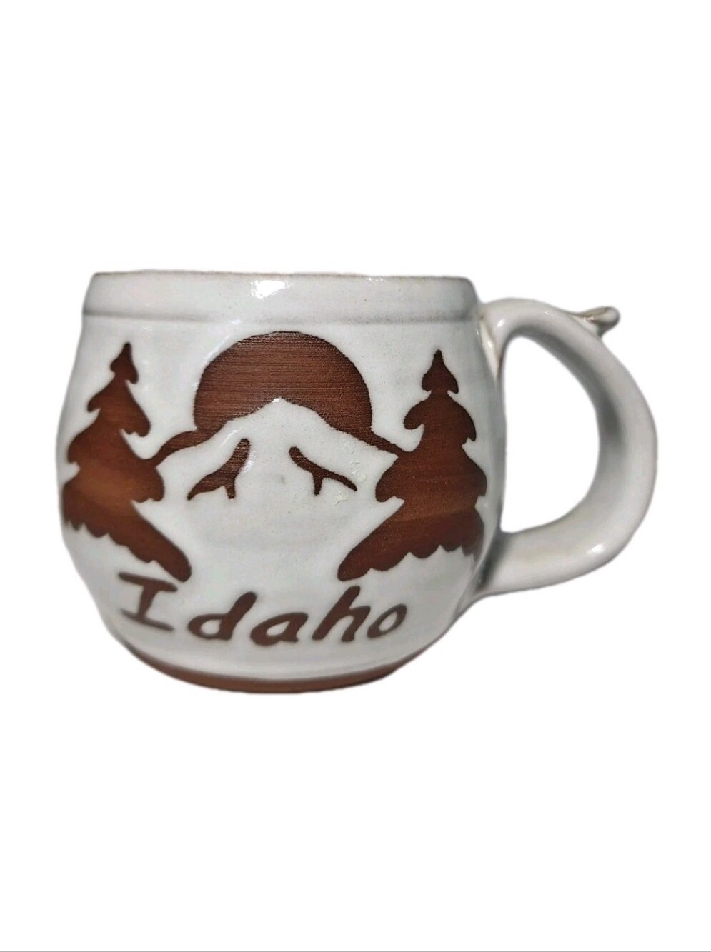 Idaho State Red Pottery Coffee Mug Cup White Glaze Artist Signed Pam & Mac EUC